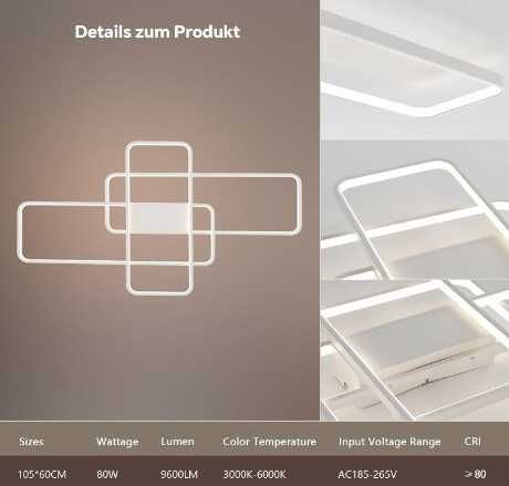 Смарт LED таванна лампа BAYHT, интелигентен LED плафон 80W, 105 см, димируема