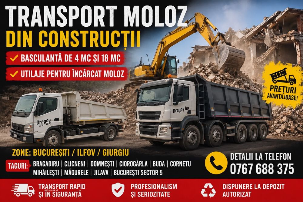 Moloz/deseuri/DEMOLARI CASE/gunoi/bragadiru/clinceni/magurele/bucuresti/ilfov/inchirez bobcat/demolari case-hale /moloz la sac/oamenii la incarcat
