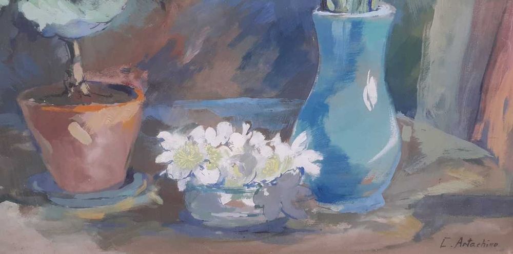 Tablou vechi - natura statica cu narcise - semnat C. Artachino