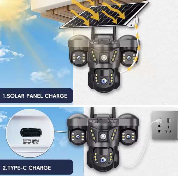 Camera Supraveghere 4G cu 3 camere rotative, cartela SIM & Panou Solar