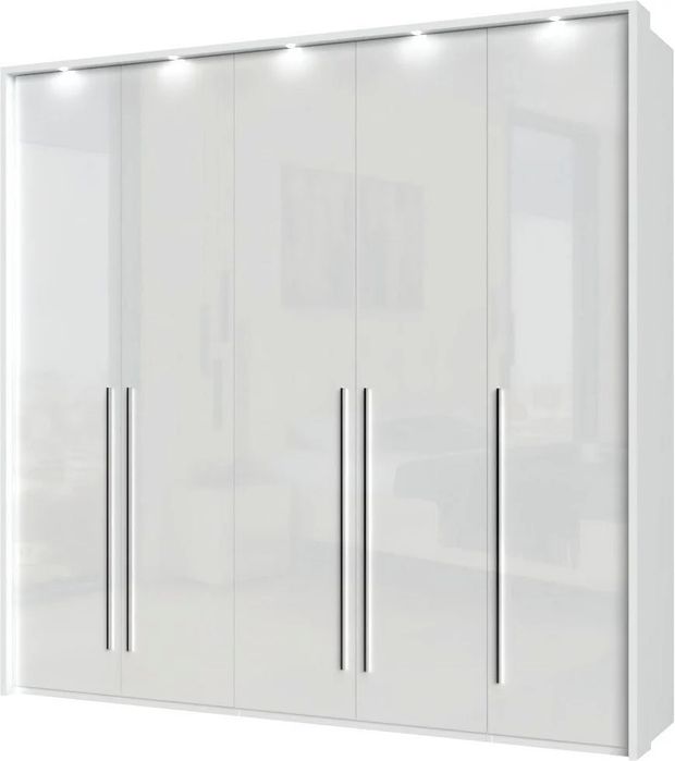 Dulap Piano, 5 usi, iluminare LED, dormitor, Alb lucios, 232 cm latime