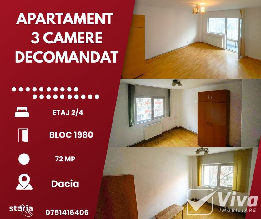 DACIA – Ap 3 camere, Etaj 2/4, 72 Mp, Bloc 1980