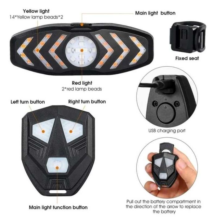 Задна LED светлина с МИГАЧИ, Безжично управление, Звуков сигнал, USB
