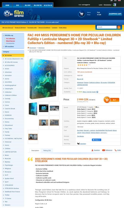 Vand steelbook Miss Peregrine's Home for Peculiar Children bluray 3D+2D , nou, neutilizat, editie Film Arena