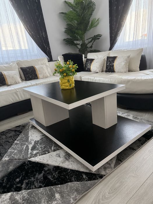 Canapea colțar modernă + măsuță de cafea – alb/negru – stare foarte bună
