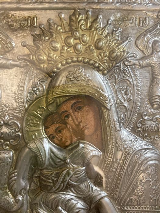 Icoana mare veche ortodoxa greceasca metal Sf. Fecioara Maria