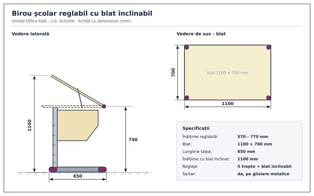 Birou școlar reglabil cu blat înclinabil.