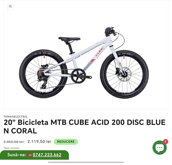 Vand Bicicleta copii 20"MTB CUBE ACID 200 DISC BLUE N CORAL