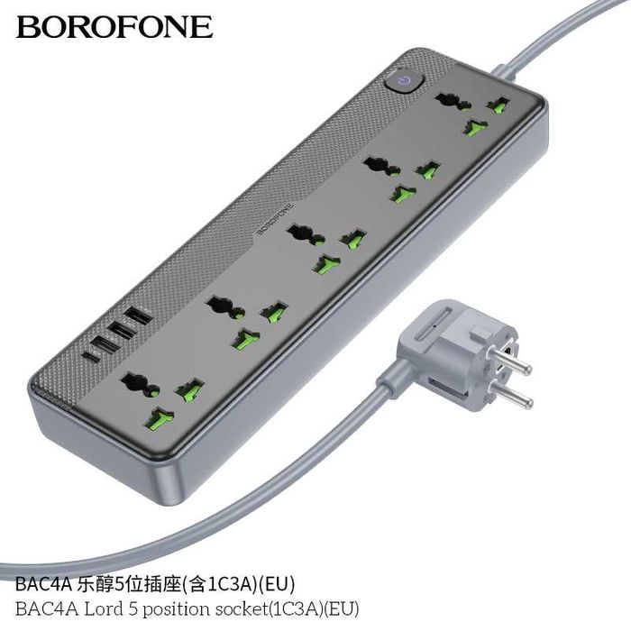 Borofone BAC4A Lord Сетевой фильтр 5 розетками и USB-портами EU/GER