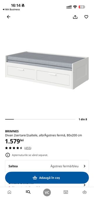 Vand pat Ikea + Depozitare saltea inclusa 80x200 cm