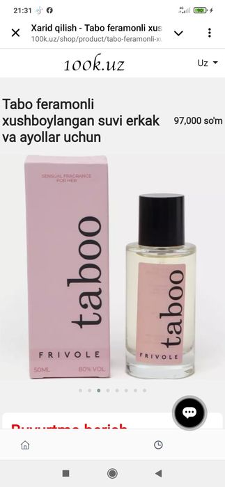 Tabo feramonli xushboylangan suvi erkak va ayollar uchun