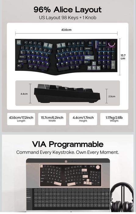 Feker Alice98 Ергономична механична клавиатура с 98 клавиша, VIA черна
