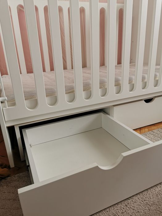 Дървена Бебешка кошара TELMA 60/120 - Бял цвят + двулицев  матрак