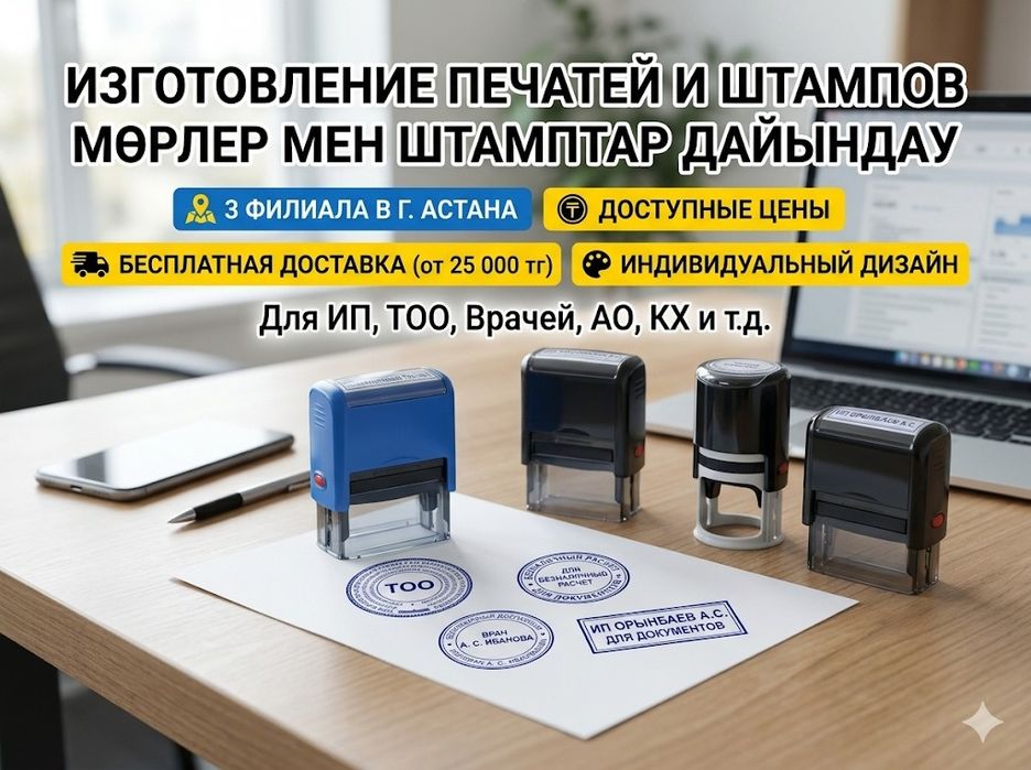 Изготовление печати. ИП/ТОО/ВРАЧЕБНЫЕ/КХ/ОСИ/АО.Доставка