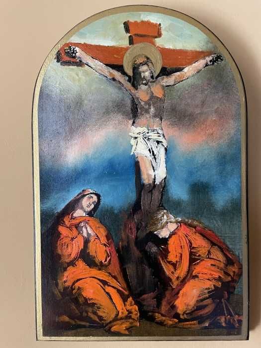 Expresiva icoana-pictura pe lemn-Isus pe cruce-Italia