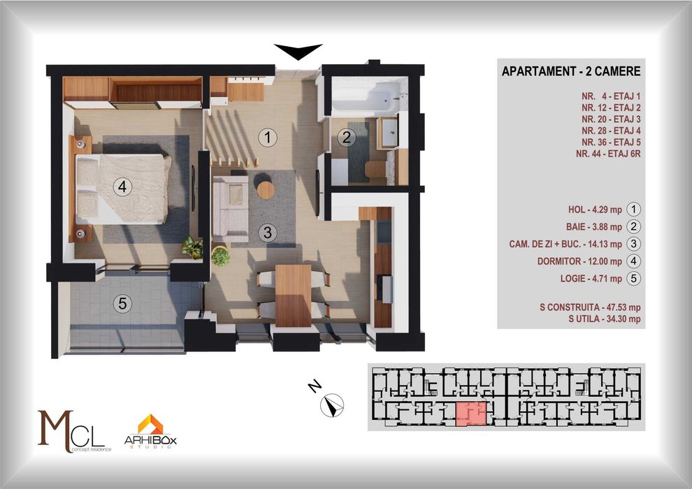 Apartament  2 camere str. BRINCOVEANU 1B, 1202€+TVA/MP