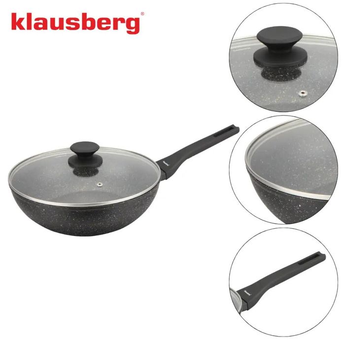 Tigaie wok neagra cu capac, din marmura, 28 cm, Klausberg