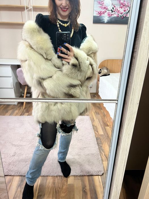 Haină de blană de vulpe, bej, premium, M/L impecabila