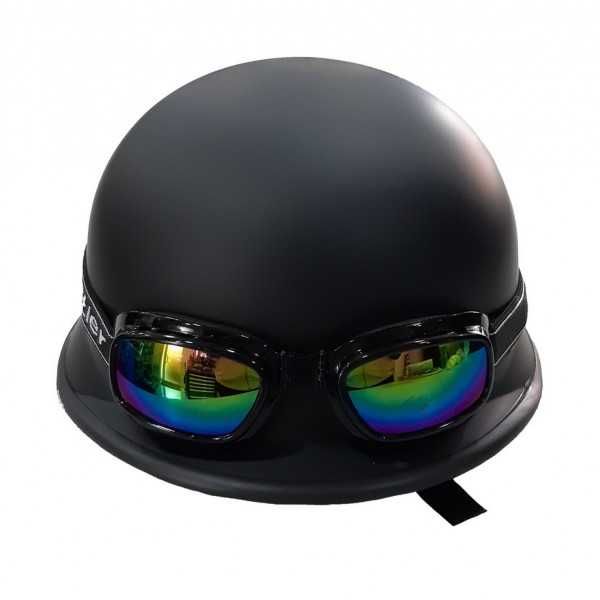 Ретро каска тип Немско канче + очила ~Черна лак/Черна Мат -130