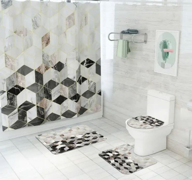 Комплект для ванной и туалета 4 в 1, коврики и шторка для ванной