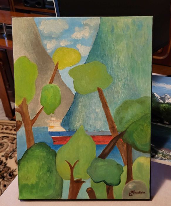 Tablou cu peisaj liniștit de fiord, navă cargo - 30*40cm