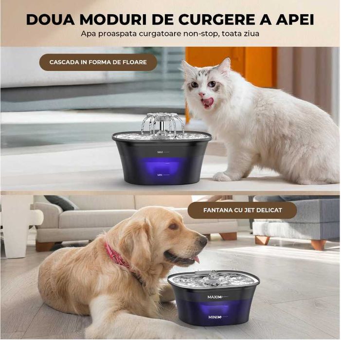 Dispenser de apa Inox Elindor pentru animale de companie, cu filtrare in 5 straturi si jet de apa, 2.5l, lumina led, negru