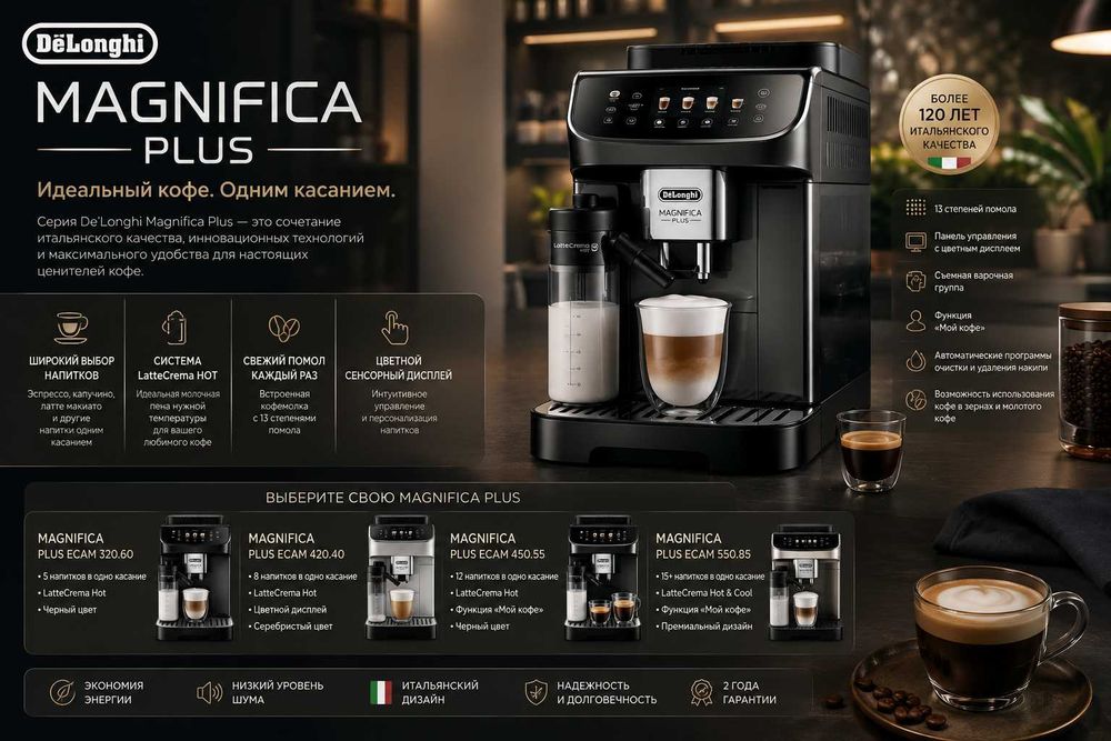 Кофемашина DeLonghi Magnifica Plus большой ассортимент