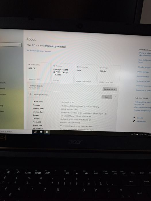 Laptop Acer Aspire 3 A315 , 8 GB , ssd 256 GB,  MX 130 2 GB GDDR5