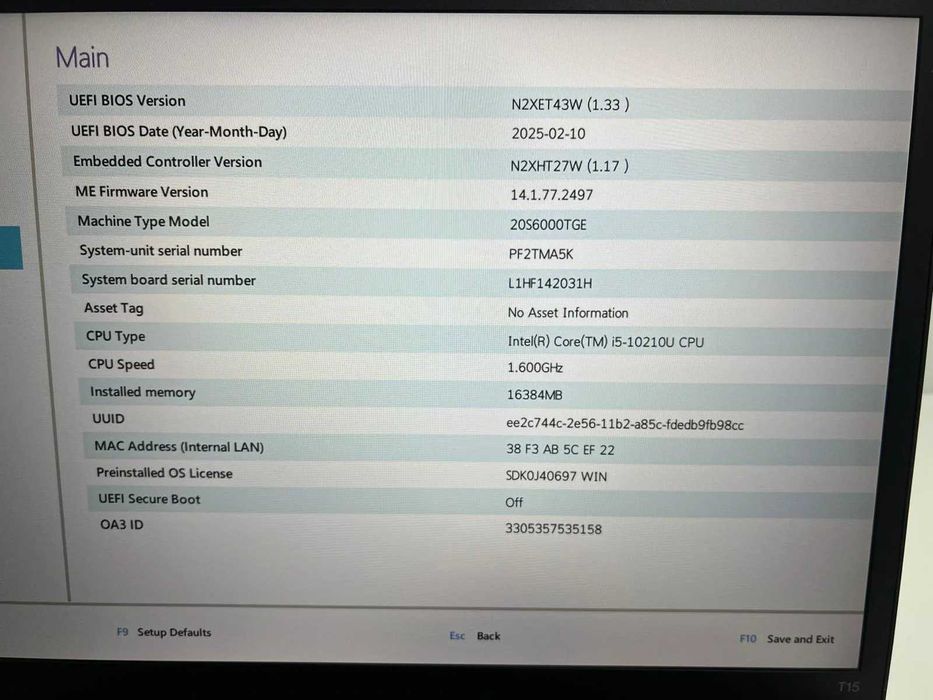 Laptop SH Lenovo Thinkpad T15 Gen1 i5-10210U SSD 256Gb ram 16Gb