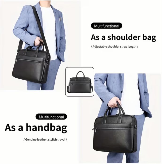 Мъжка елегантна чанта за лаптоп 15”/Офис куфарче от черна естест. кожа