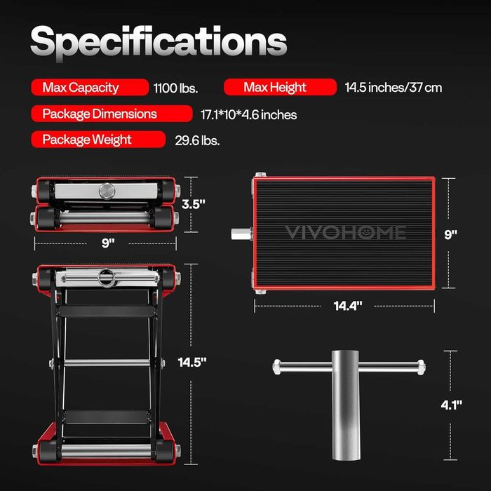 VIVOHOME 1100 LBS Широка стойка повдигач за повдигане на мотоциклет, товароносимост до 500 кг, регулируем от 93-361 мм
