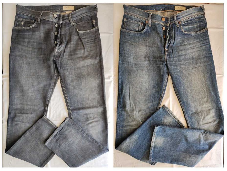 H&M 5 jeans / blugi slim fit marimea 31-US/46-UE/S, alb/albastru/negru, talie cca 85-90 cm.