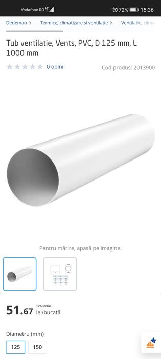 Tuburi ventilatie, 125mm diametru / 1 m lungime, PVC