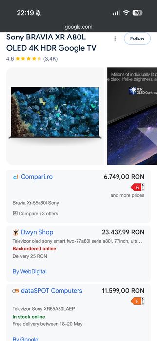 Sony Bravia  A80L( similar cu Bravia 8 ) OLED 139cm 120Hz + subscriptie filme  2 ani.