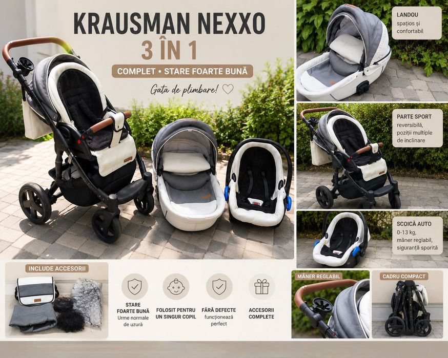 Vând Carucior 3 in 1 Krausman Nexxo, stare foarte bună, complet, Alb