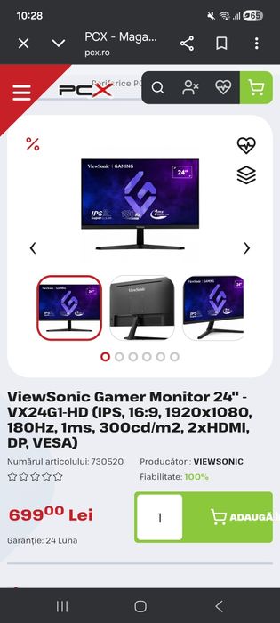 Monitor gaming 180hz ViewSonic 24" 180Hz IPS Full HD – ca nou, garanție(până in 2028)