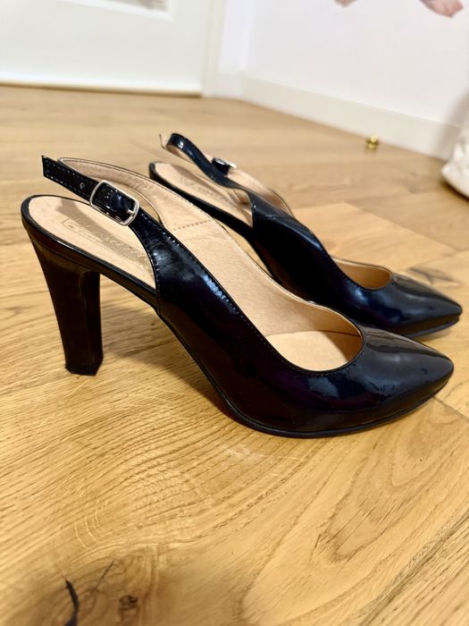 Pantofi deschisi, negru, piele lucioasa, 38