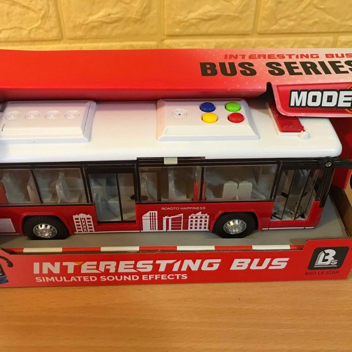 Jucarie Autobuz urban cu lumini, sunete, deschidere usi, 28 cm, rosu