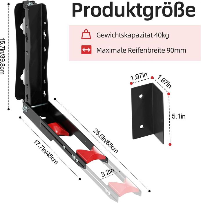 Suport de perete pentru bicicletă, set de 2 suporturi pivotante pentru garaj, economisire de spațiu, ușor de agățat și detașat, susține până la 40 kg