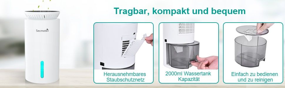 Електрически влагоуловител Secmote, 2000ml, 50m². Обезвлажнител с двоен полупроводник