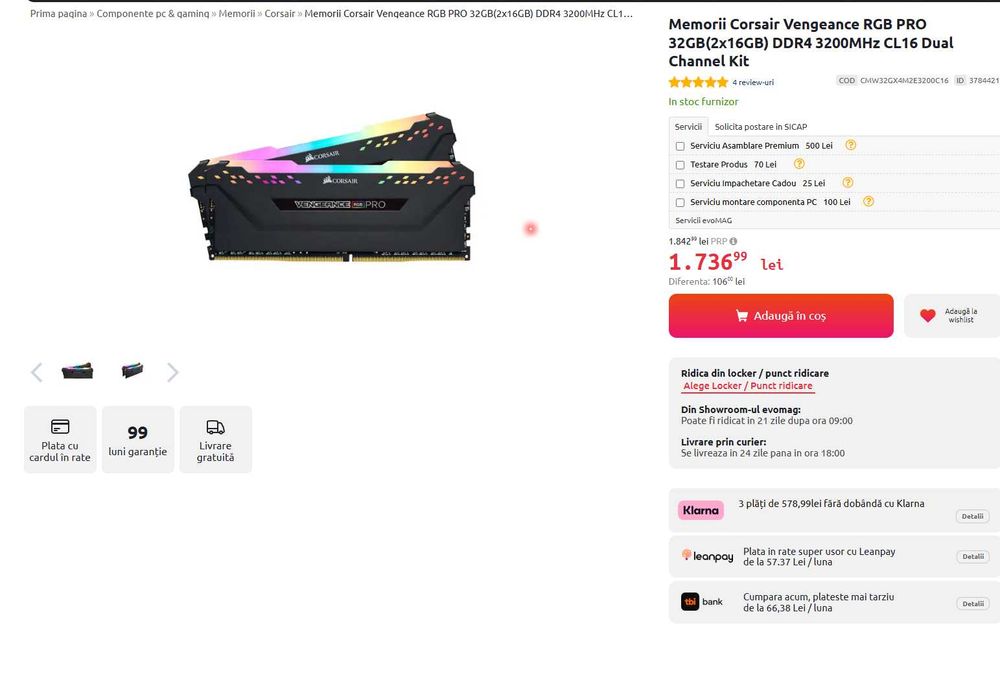 Memorie RAM Corsair Vengeance RGB PRO 32gb DDR4 3200 MHZ CL16