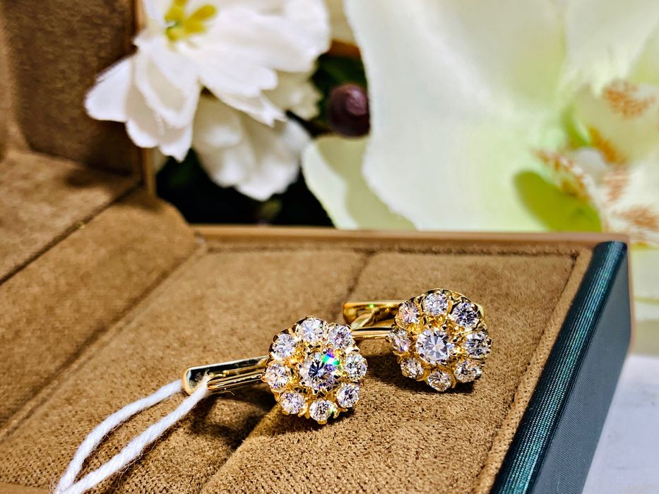 Культовые старозаводские золотые серьги Малинка с бриллиантами