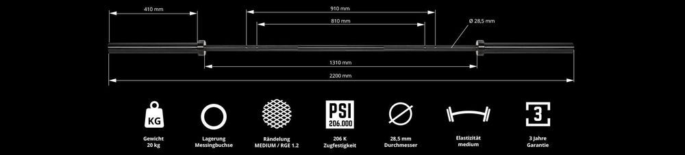 Олимпийски Прав Лост 220 см – 20 кг ATX Power Bar Black Mamba, Лостове