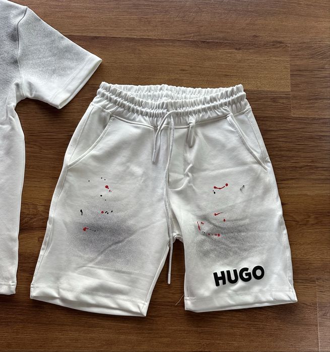 Мъжки,памучен,къс комплект Hugo BOSS с лого на гърба и отпред в бяло