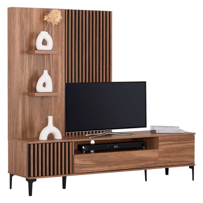 TV сет Puzzle-home HM18010, Меламин, Натурален - черен, 205.5x40x167.5