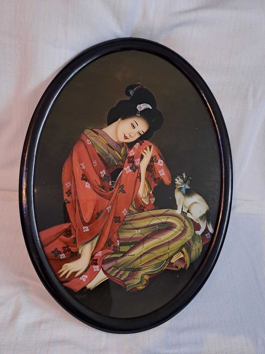 tablou asiatic vechi pictura sticla rama lemn 58,5/42,5 cm