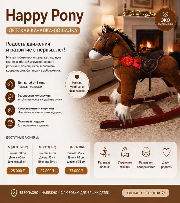 Детская качалка-лошадка Happy Pony | 3 размера | Подарок ребенку