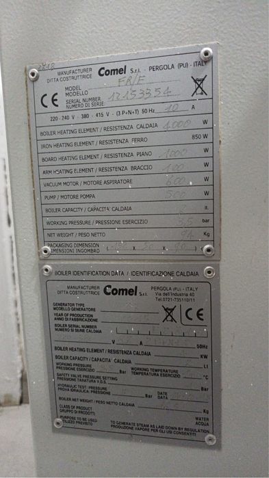 Masă de călcat profesională Comel FR/E cu boiler și aspirație – Italia