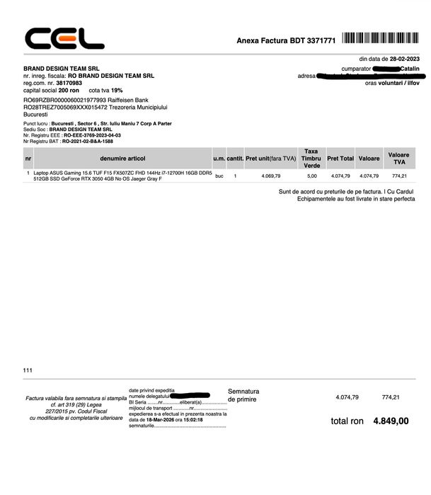 VAND LAPTOP ASUS TUF F15 15.6” 144Hz i7-12700H 16GB RTX 3050 NVMe