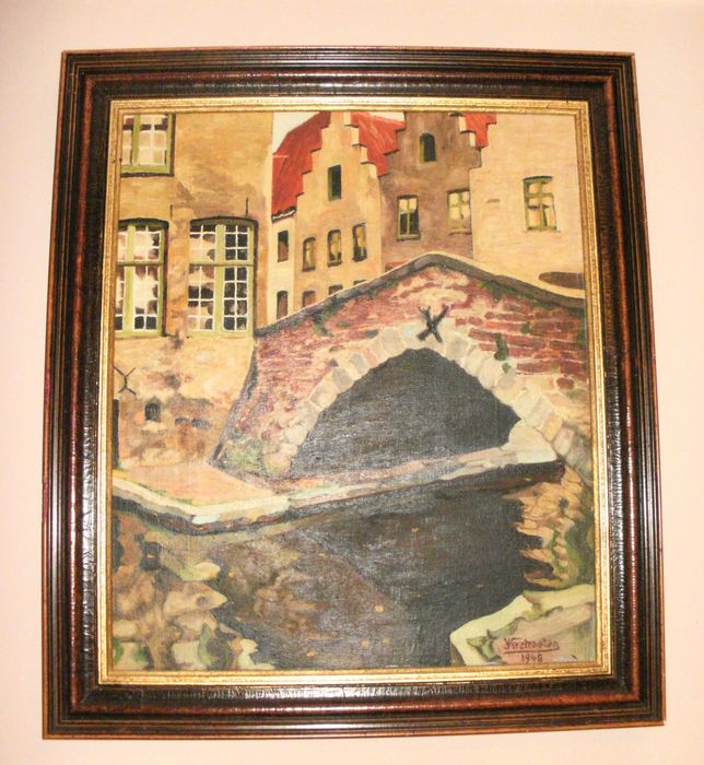 „Изглед към Брюж/ Мостът" в рамка, Белгия, Подпис: Jules Verstraeten